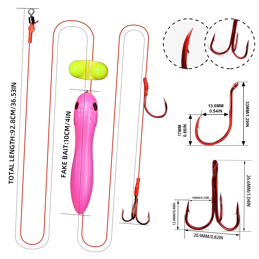 ZYZ 1 pieza de aparejos de bagre con gancho en J individual rojo y anzuelos triples, señuelo flotante, aparejos de cebo vivo, Ideal para anzuelos de cuerda de bagre de agua dulce - imagen 3