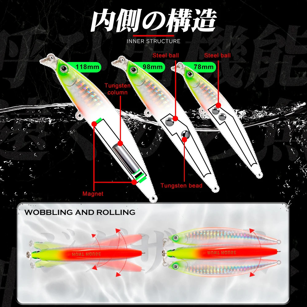 Hunthouse-señuelo de pesca de pececillo, Wobbler, flotante, Artificial, 78mm, 98mm, 118mm, lubina, agua salada, aparejos de Lucio - imagen 3