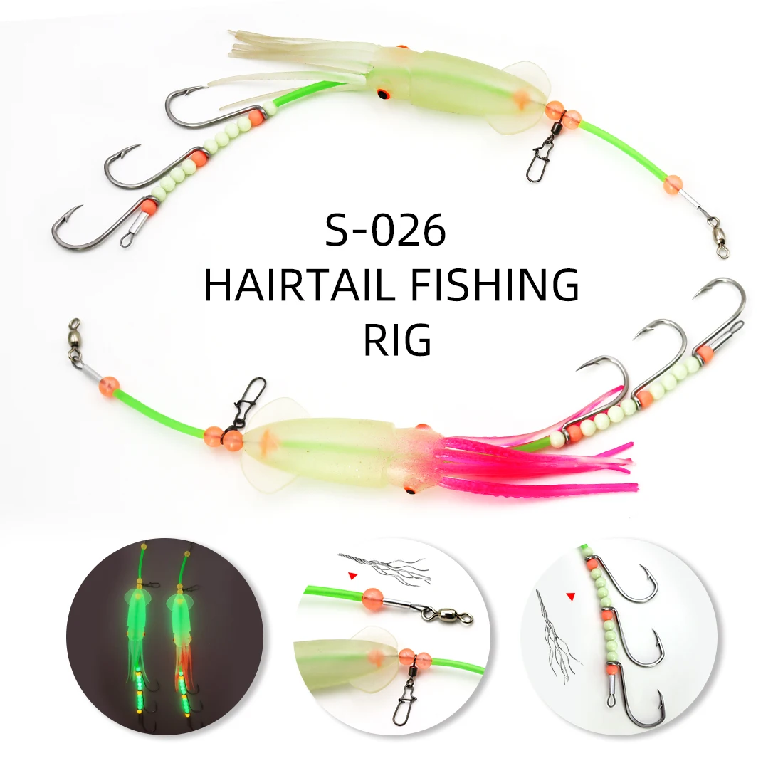 ZYZHE-ganchos de cuerda para pesca en el mar, aparejos de cola de pelo con señuelo de calamar luminoso, tres anzuelos de tiburón, Ideal para aparejos de cebo de pesca en el mar, 1 ud. - imagen 5