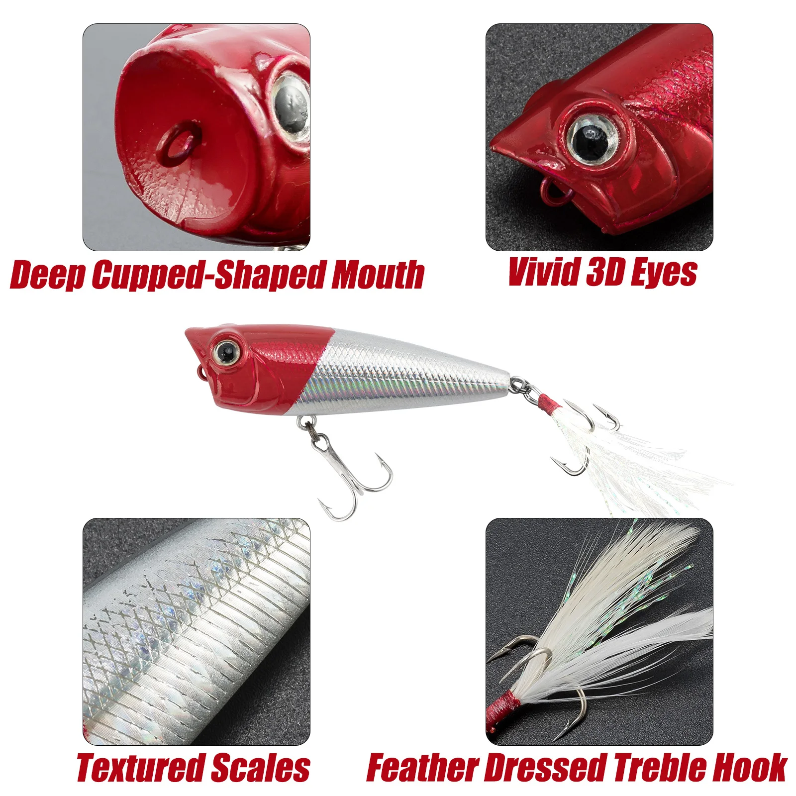 Señuelo de pesca Topwater, superficie flotante, cebo duro, Crankbait de agua salada, Wobblers flotantes, cola de pluma, 5 piezas, 7g, 6cm - imagen 3