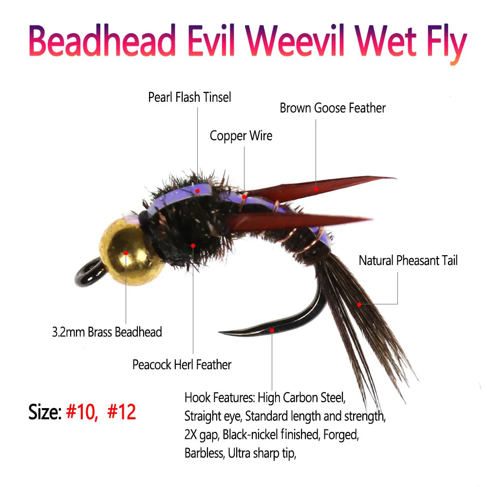 Bimoo-anzuelo de pesca sin púas, 8 Uds., Beadhead de latón, malvado, mosca húmeda, Caddis marrón, ninfa, mosca, trucha, Gryling # 10 # 12 - imagen 2