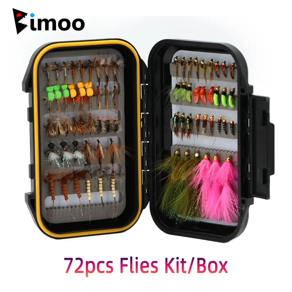 Bimoo 72 Uds Kit de moscas/caja Adams mosca seca mayfly moscas secas Caddisfly cabeza de cuentas ninfas húmedas lanoso Bugger Streamer trucha señuelo para peces
