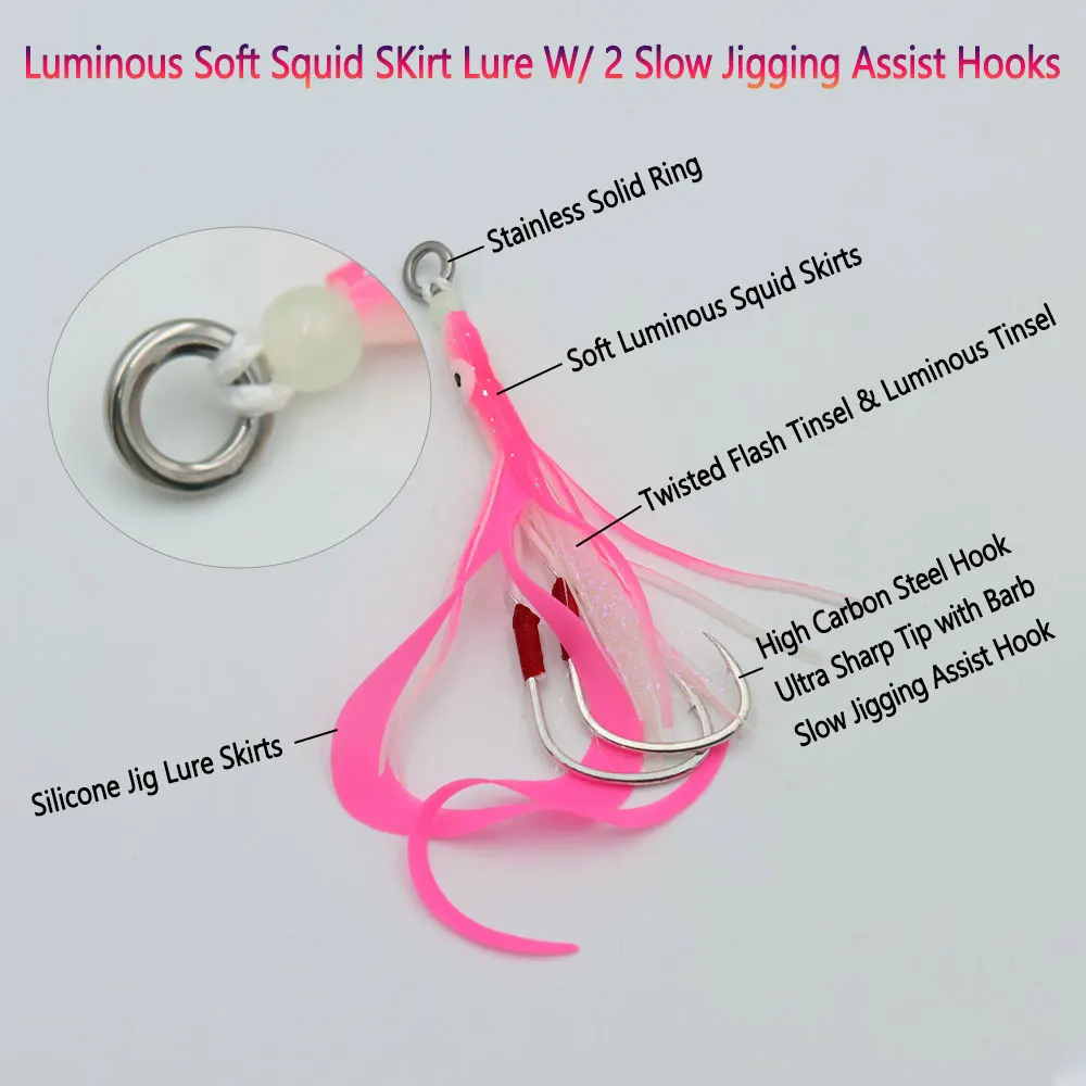Bimoo 1/3 Uds 3/0 señuelo de falda de calamar suave luminoso con 2 anzuelos de asistencia de Jigging lento cebo de pesca de agua salada de pulpo brillante - imagen 3