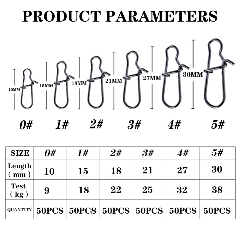 Broches de pesca de acero inoxidable, Clips de cierre de tamaño 0-8, accesorios de conector de seguridad, aparejos para señuelos, herramientas de anzuelos, 50 Uds. - imagen 2