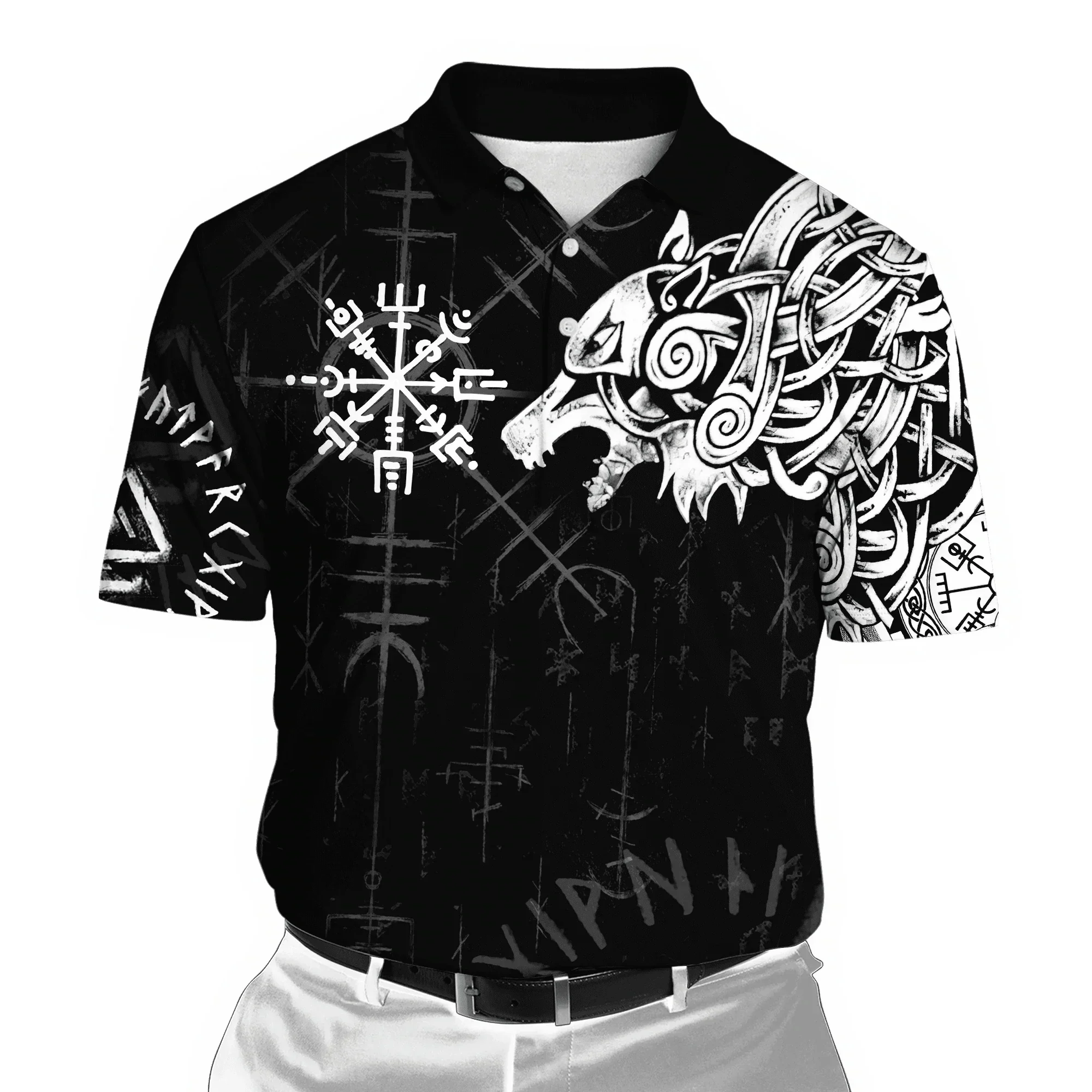 PLstar Cosmos Wolf Tattoo Valknut Dragon Rune 3D para hombre, Polo estampado en toda la prenda, camisa informal de manga corta con solapa, PLP06 - imagen 3