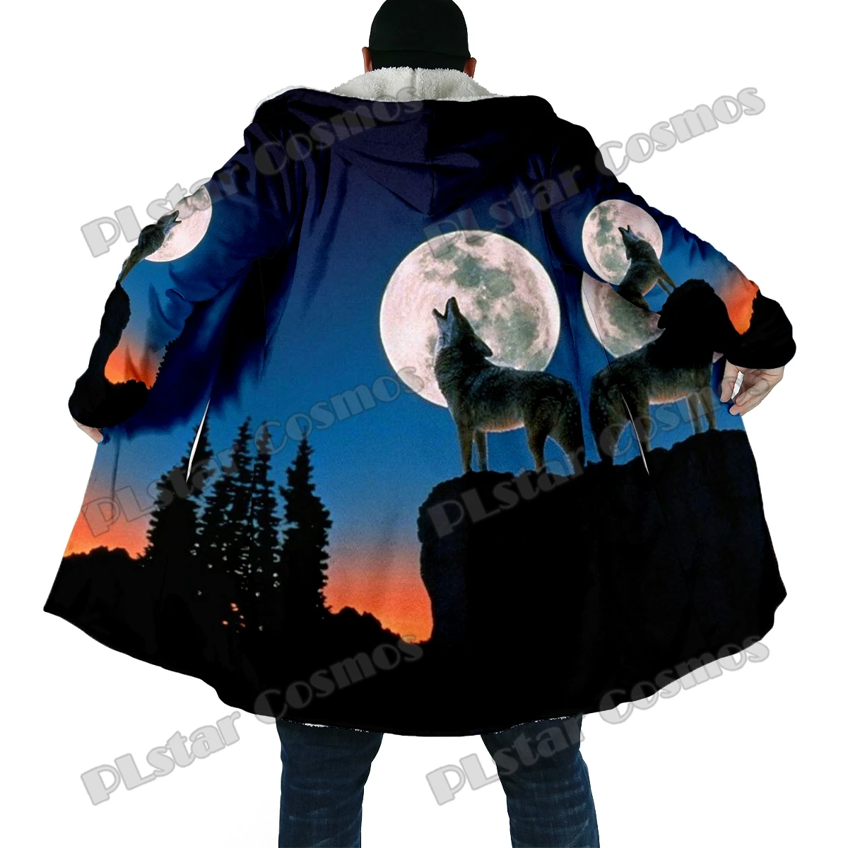 Capa de moda de invierno para hombre, capa con capucha de lana gruesa con estampado 3D de lobo y Luna púrpura, capa cálida informal Unisex BB55 - imagen 5