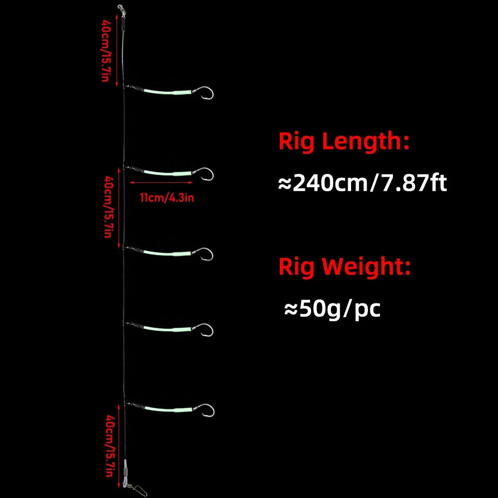 Ellllv pesca en agua salada 5 anzuelos aparejo de caída profunda con mangas protectoras luminosas para pesca de halibut, malta, pargo, atún y tiburón - imagen 4