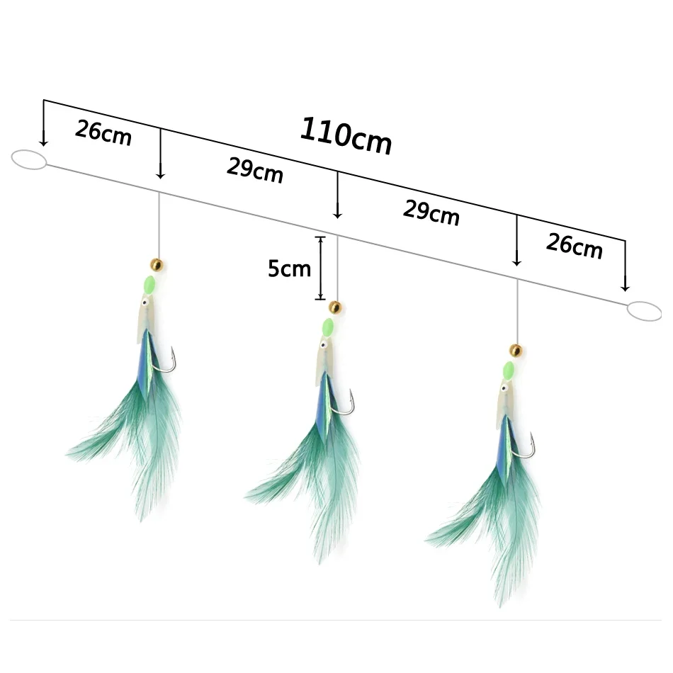 Sabiki señuelo de pesca suave, anzuelos de 3 colores, aparejos de pesca, cebo de cabeza de pez sabiki, señuelo de pesca de mar de plumas, 6 paquetes - imagen 3