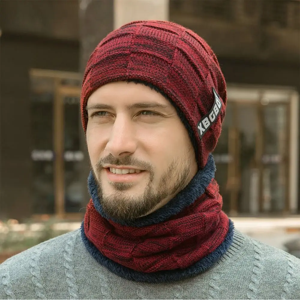 Gorro de invierno a la moda para hombre, conjunto de bufanda, forro polar grueso, gorro de punto cálido, bufanda, calentador de cuello, gorro - imagen 3