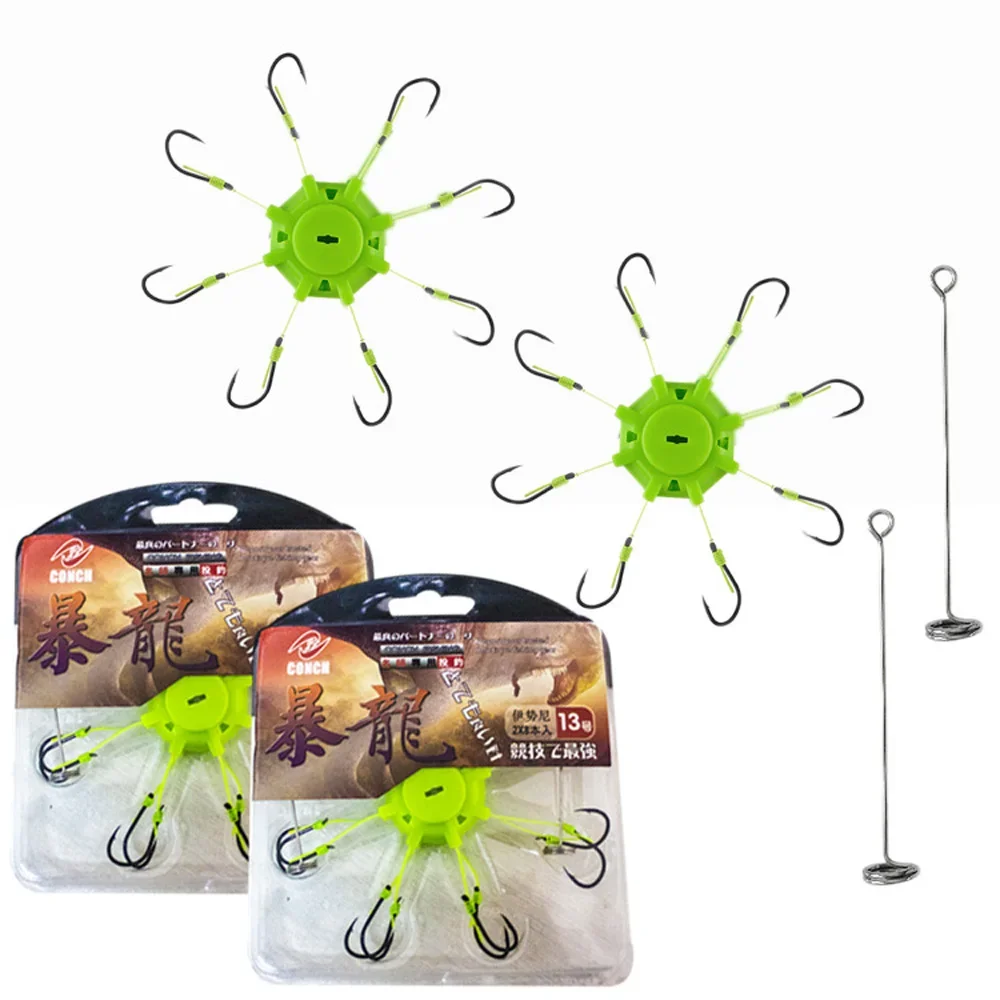 Anzuelos con tapa para Pesca de carpa, conjunto de anzuelos de cuerda de explosión con solapa, resorte de acero al carbono, 8 anzuelos de púas, aparejos de Pesca, tamaño 6-12, 2 uds. #