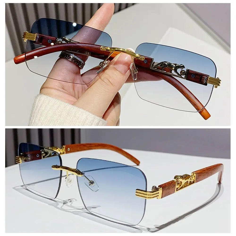 Templos de metal Gafas de sol sin montura con borde cortado Gafas de sol únicas con diseño de guepardo UV400 Gafas de viaje de verano frescas para mujeres y hombres - imagen 4