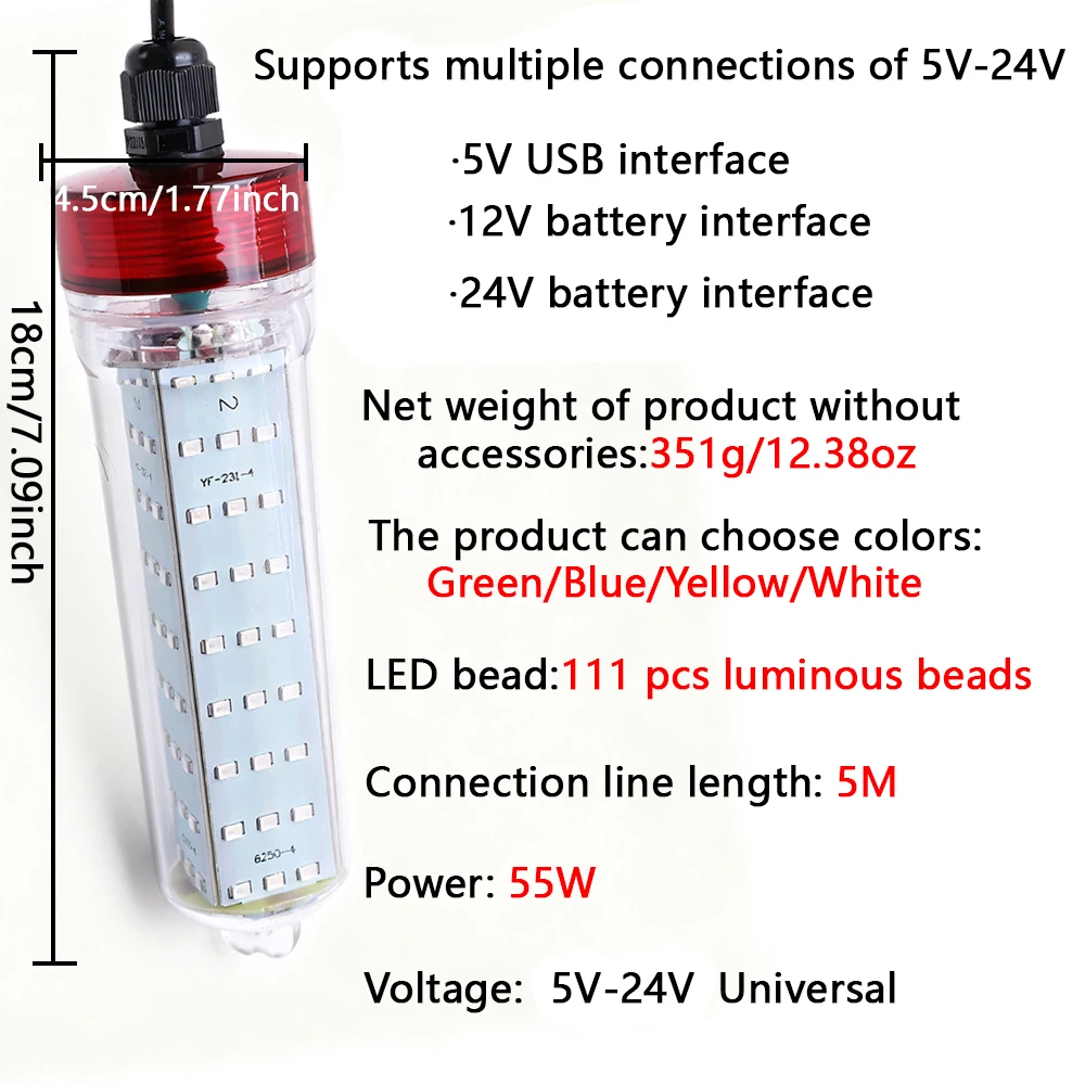Luz de pesca con múltiples puertos de conexión de 5V-24V, accesorio de iluminación subacuática portátil LED para exteriores, luz de pesca nocturna, 1 ud. - imagen 3