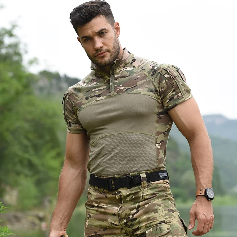Camiseta de verano para hombre al aire libre, camisas tácticas Airsoft, Camiseta de algodón de camuflaje de manga corta de combate elástico, ropa para Paintball, senderismo y escalada - imagen 4