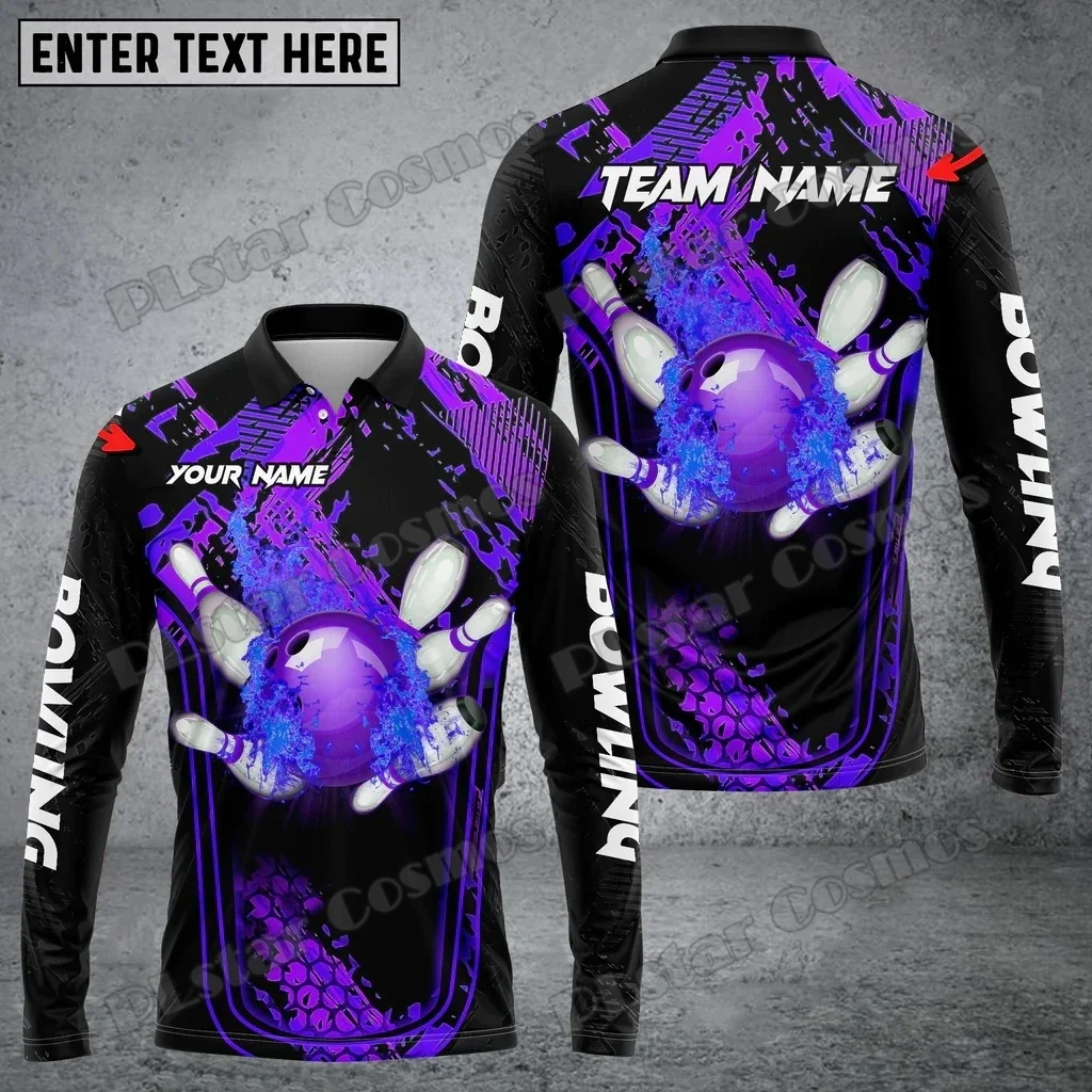 Polo de manga larga para hombre con estampado 3D de bola de bolos y pines, diseño de vórtice, nombre personalizado, Polo Unisex informal de otoño PLP81 - imagen 5