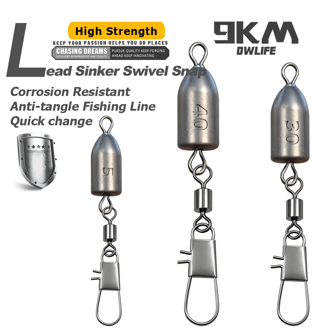 Plomo de peso de pesca de 9KM con conectores a presión de enclavamiento, pesas de bala de plomo de pesca de 5g-40g para pesca de lubina en agua salada