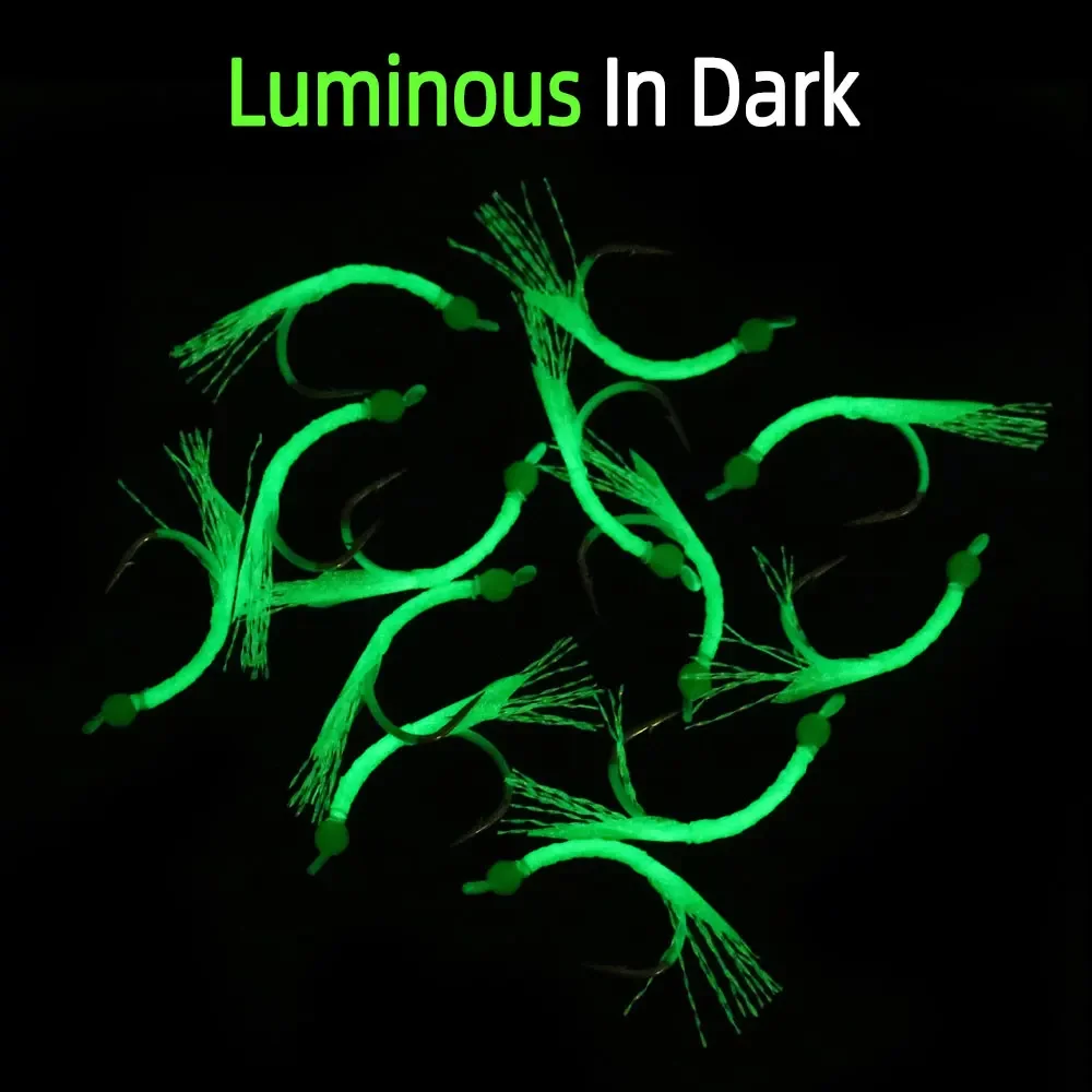 Bimoo-SEÑUELOS luminosos para pesca en el mar, 6 piezas, #3, #2, #1, #1/0, #2/0, moscas con brillo, anzuelo loco, cabeza húmeda - imagen 5