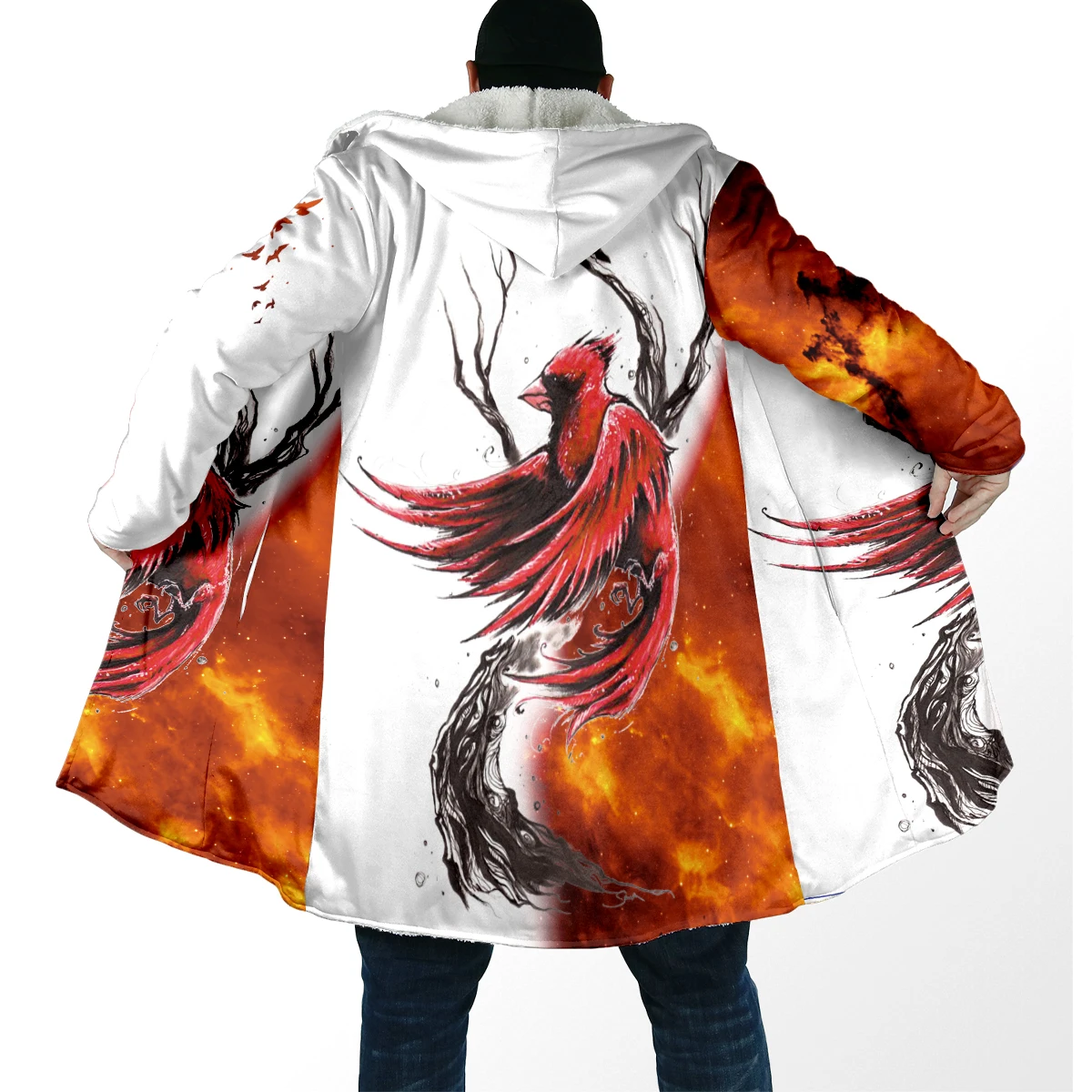 2025 capa de moda de invierno para hombre, diseño fresco de pájaros rojos, capa con capucha de lana gruesa con estampado 3D, capa cálida informal Unisex DP108