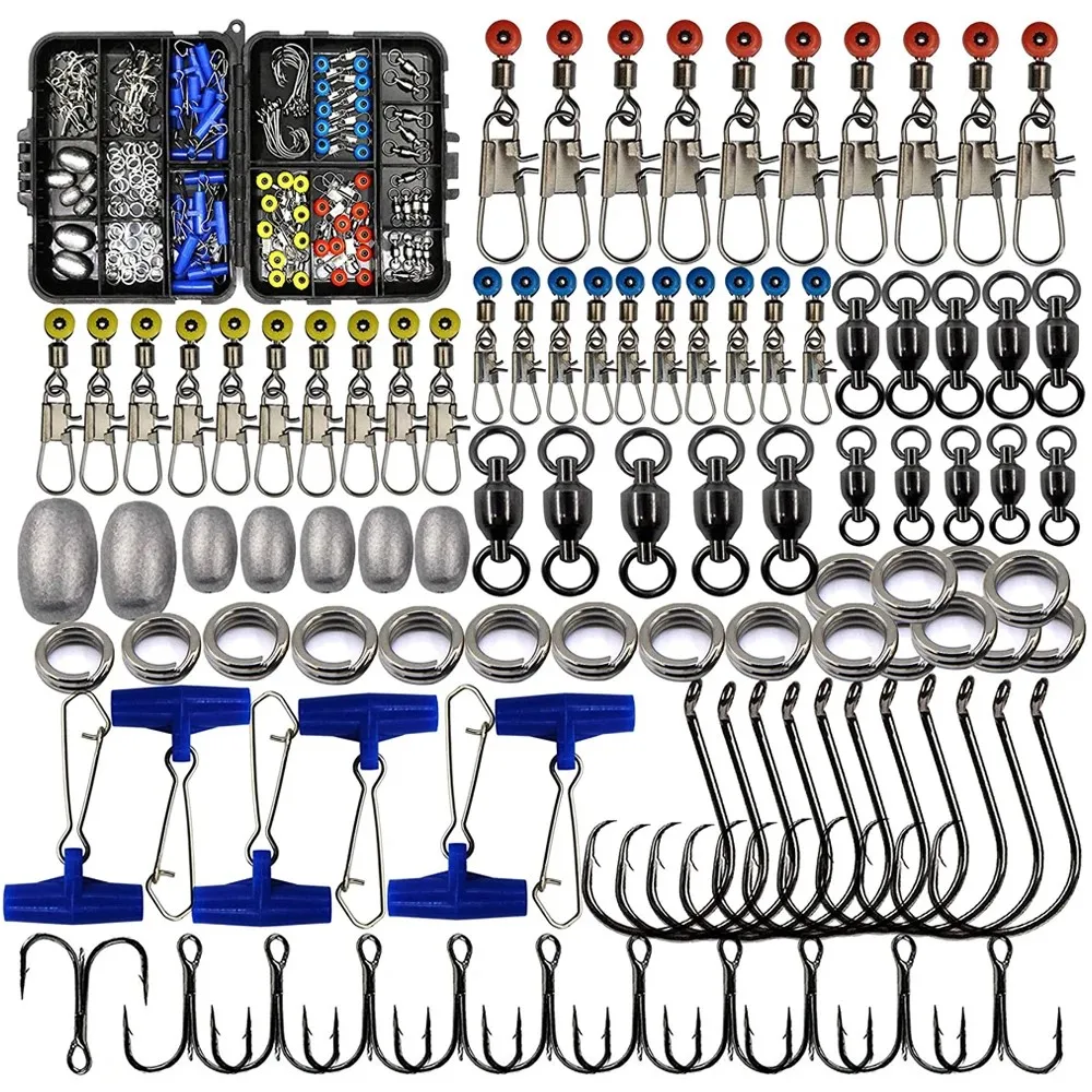 172 Uds accesorios de pesca Kit de aparejos rodamiento de bolas giratorios plomo deslizante huevo pesas anillos divididos anzuelos triples ganchos circulares