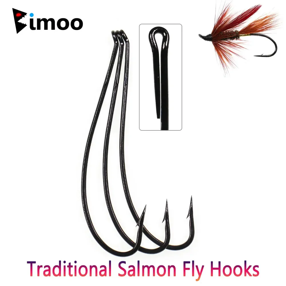 Bimoo 10 Uds 2/0 anzuelo de mosca de salmón tradicional de acero rico en carbono para atar serpentinas de moscas húmedas salmón trucha Steelhead Señuelos de pesca - imagen 2