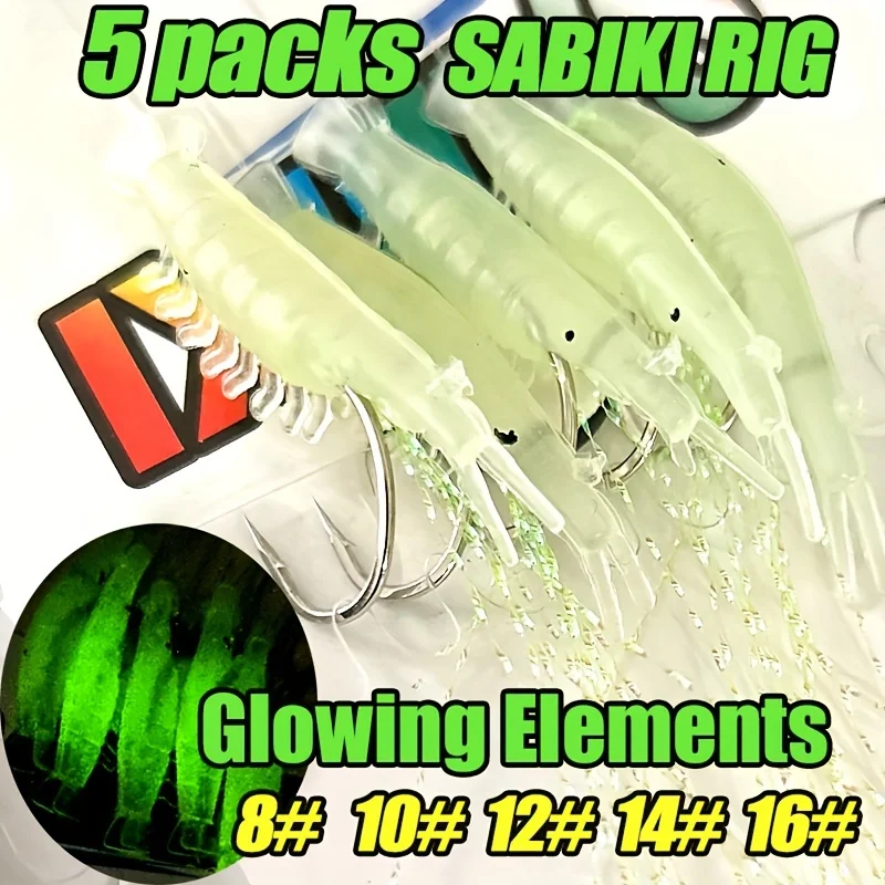 5-Unidad TAKBAS SABIKI RIG Cebos de pesca, Cebos de camarón luminosos, Ganchos de alto carbono, para agua dulce/salada, Tamaños variados, Ideal para lubina, perca, muskellunge, trucha, caballa, arenque, salmón, pargo - imagen 3