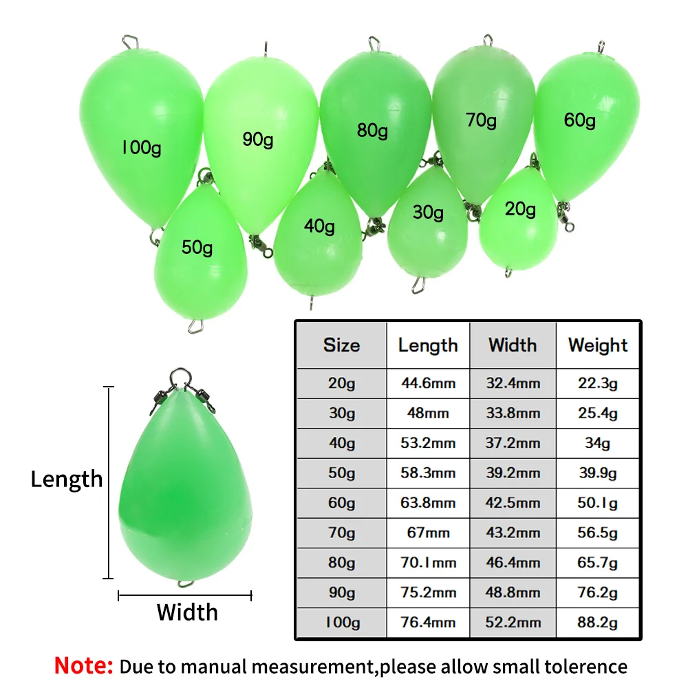 Elllv 20g - 100g flotador verde luminoso forma de huevo Bobber lanzador de fundición de larga distancia para pesca nocturna pesca en aguas profundas - imagen 4