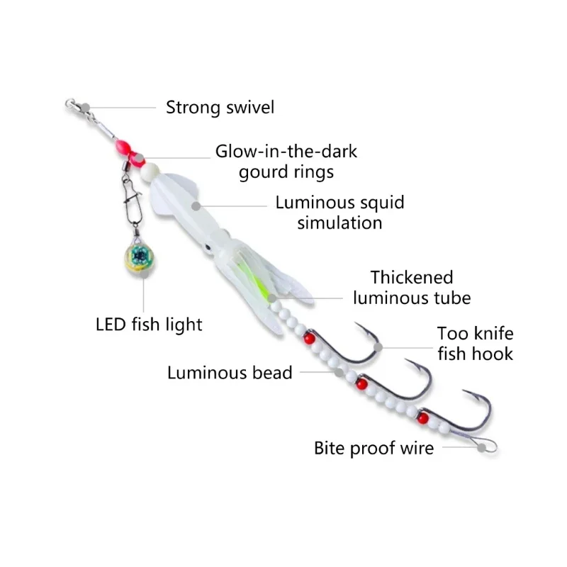 Equipo de pesca de pulpo luminoso, luces Led brillantes, anzuelos de cadena que brillan en la oscuridad para barco, pesca en el mar, anzuelo de calamar, cebo suave - imagen 3