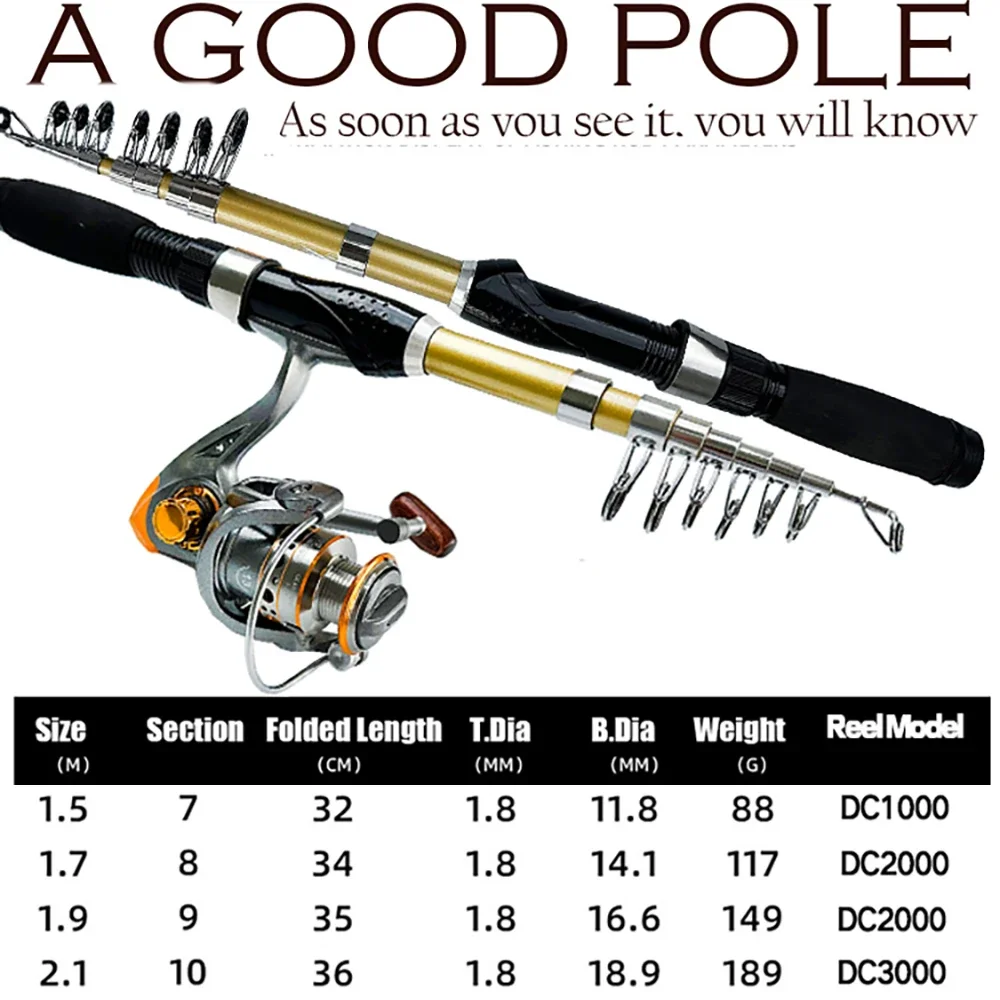 Kit de caña de pescar telescópica portátil, carrete giratorio con anzuelo de línea de pescado, serie DC1000/1,5, 2,1-2000/3000 m - imagen 5