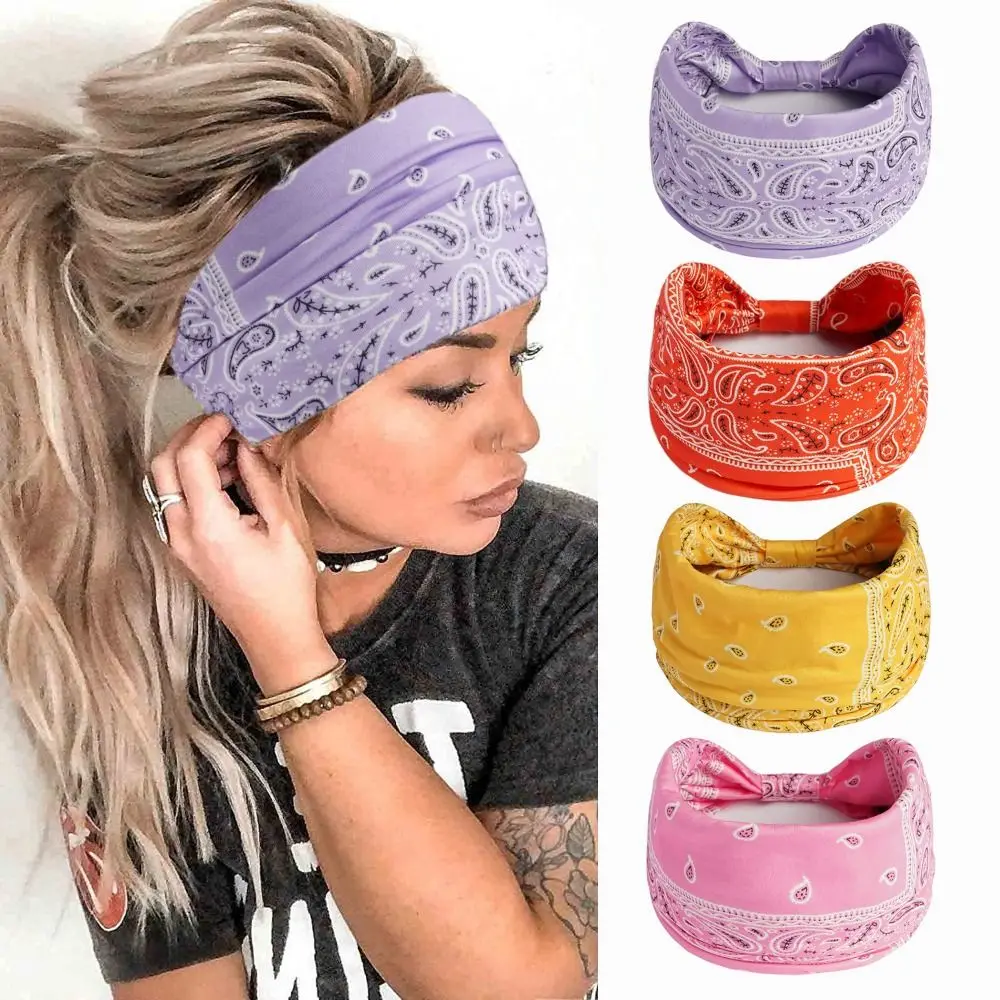 Turbantes con nudo bohemio y estampado de anacardo, diadema elástica para Yoga con borde ancho, diadema cruzada colorida Unisex para niñas y mujeres - imagen 4