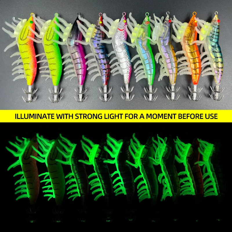 9 unids/bolsa plomo plomo pie suave cebo de pulpo calamar plantilla gancho simulación camarón cebo falso luminoso madera falsa camarones señuelos - imagen 2