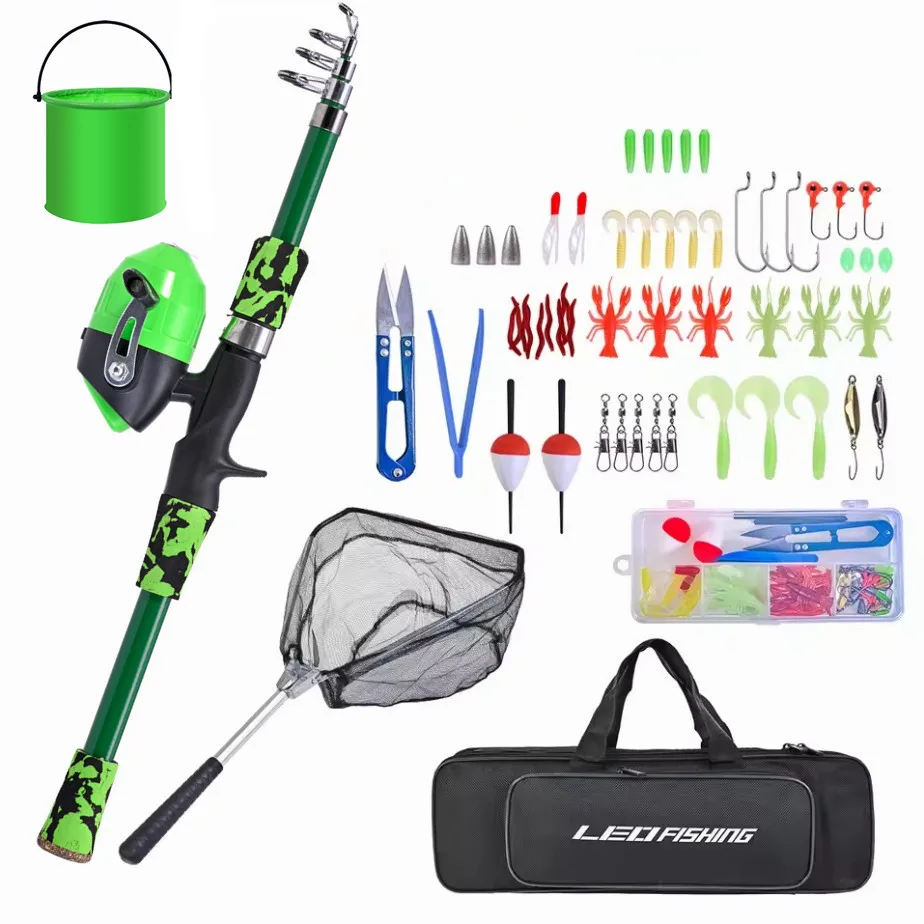 Juego de caña de pescar para niños con kits completos de inicio, caña y carrete Spincast con red y cubo para niños, niñas y jóvenes