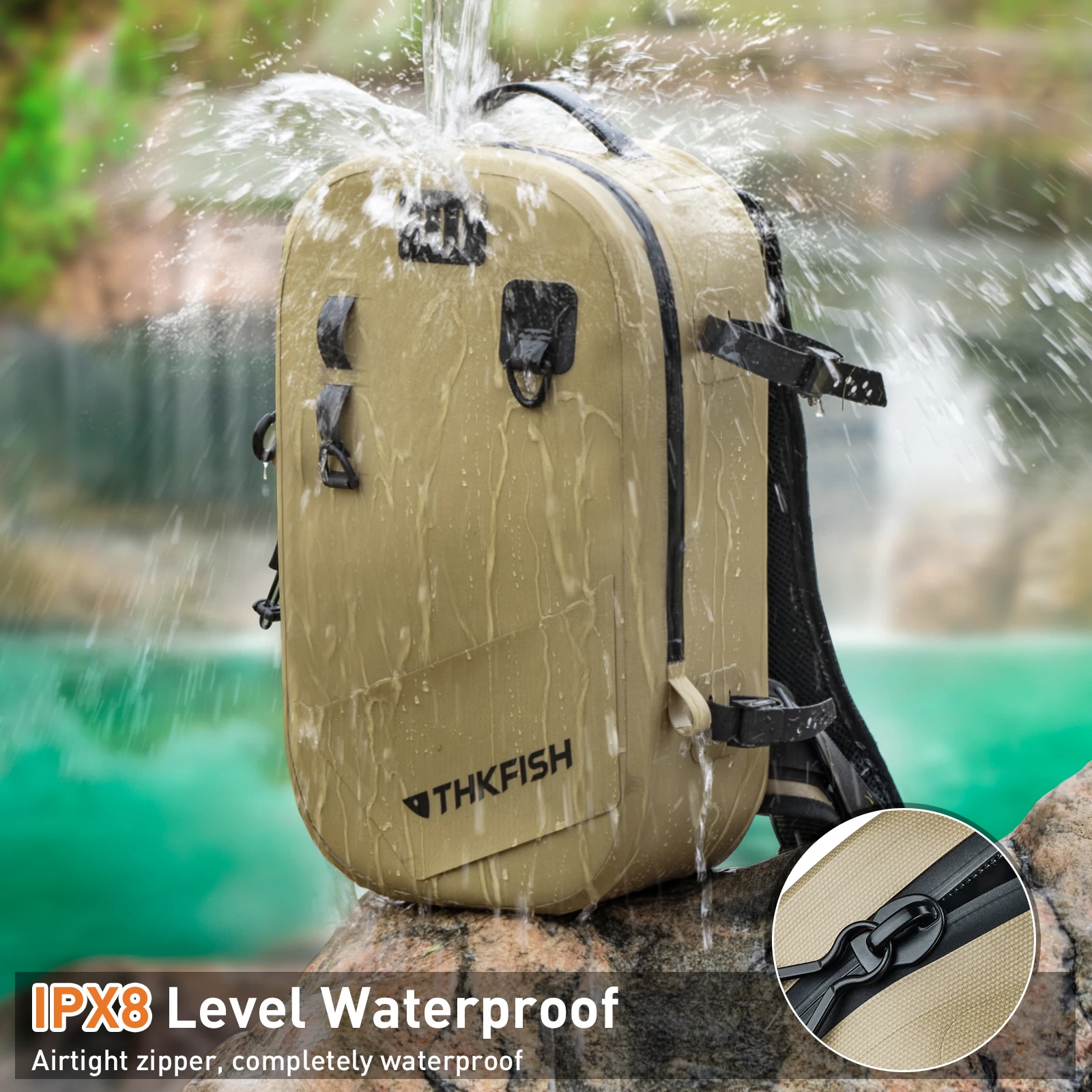 THKFISH-mochila de pesca impermeable IPX8, bolsa de pesca con mosca, aparejos de pesca marrones, riñoneras para escalada al aire libre y senderismo - imagen 3