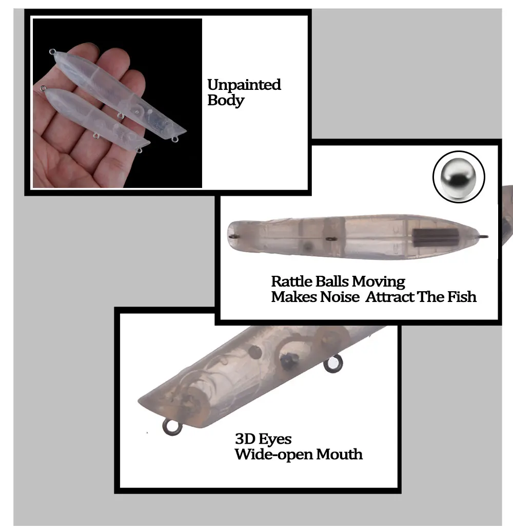 Chan'sHuang-señuelo de pesca en blanco sin pintar, 20 piezas, 6,2g/10,2g, sonajero Popper para caminar al perro, cebo Artificial hecho a mano DIY - imagen 4