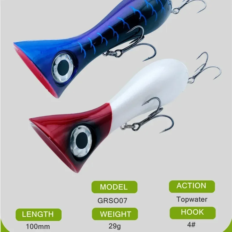 GREENSPIDER-señuelo de juego grande, 100mm, 29g, nuevos Señuelos de pesca Popper, cebo duro de agua superior, ojos 3D, boca grande, señuelo Popper con gancho VMC - imagen 2