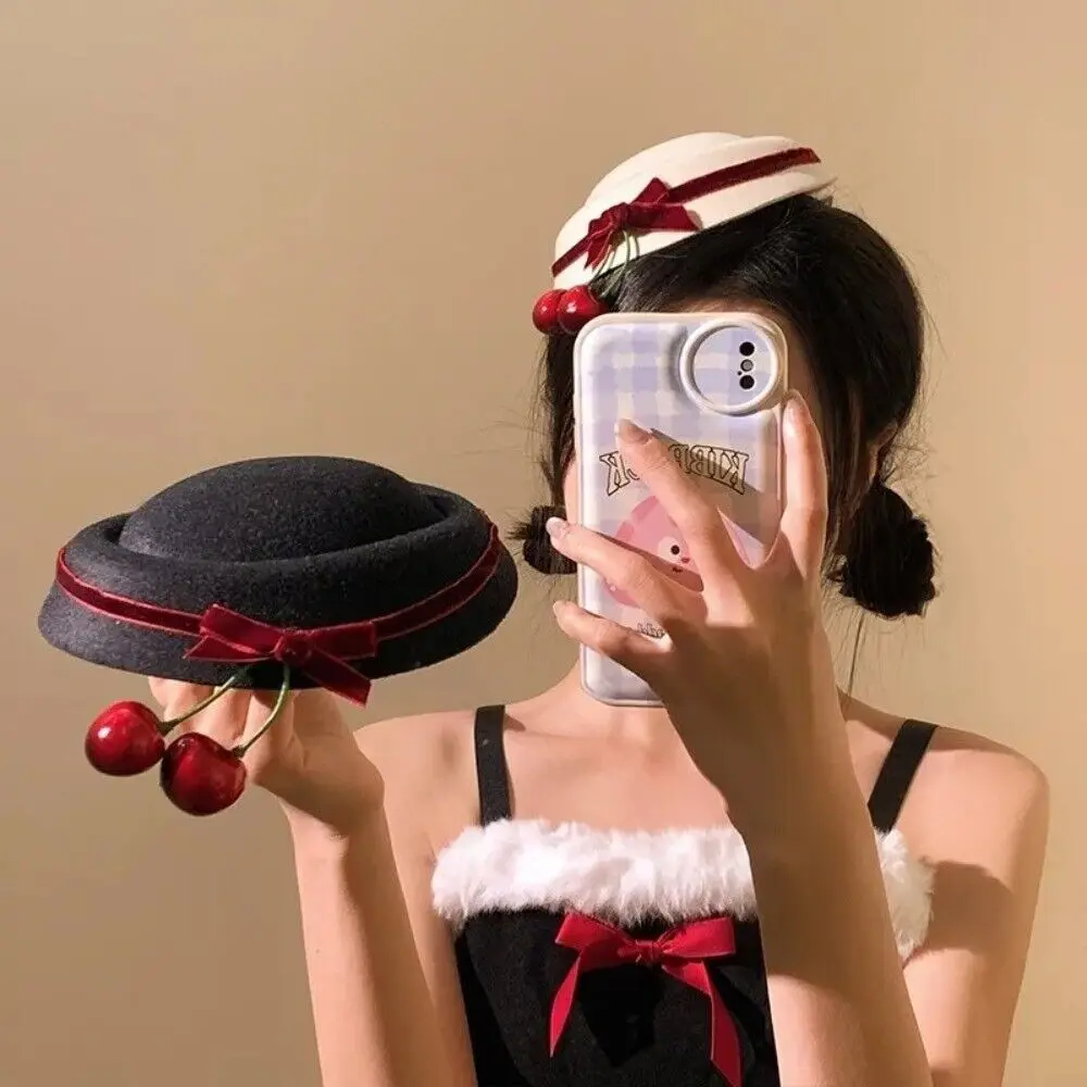 Nuevo Paño pajarita cereza gorro negro estilo francés mujeres horquilla sombreros blancos vestir - imagen 4
