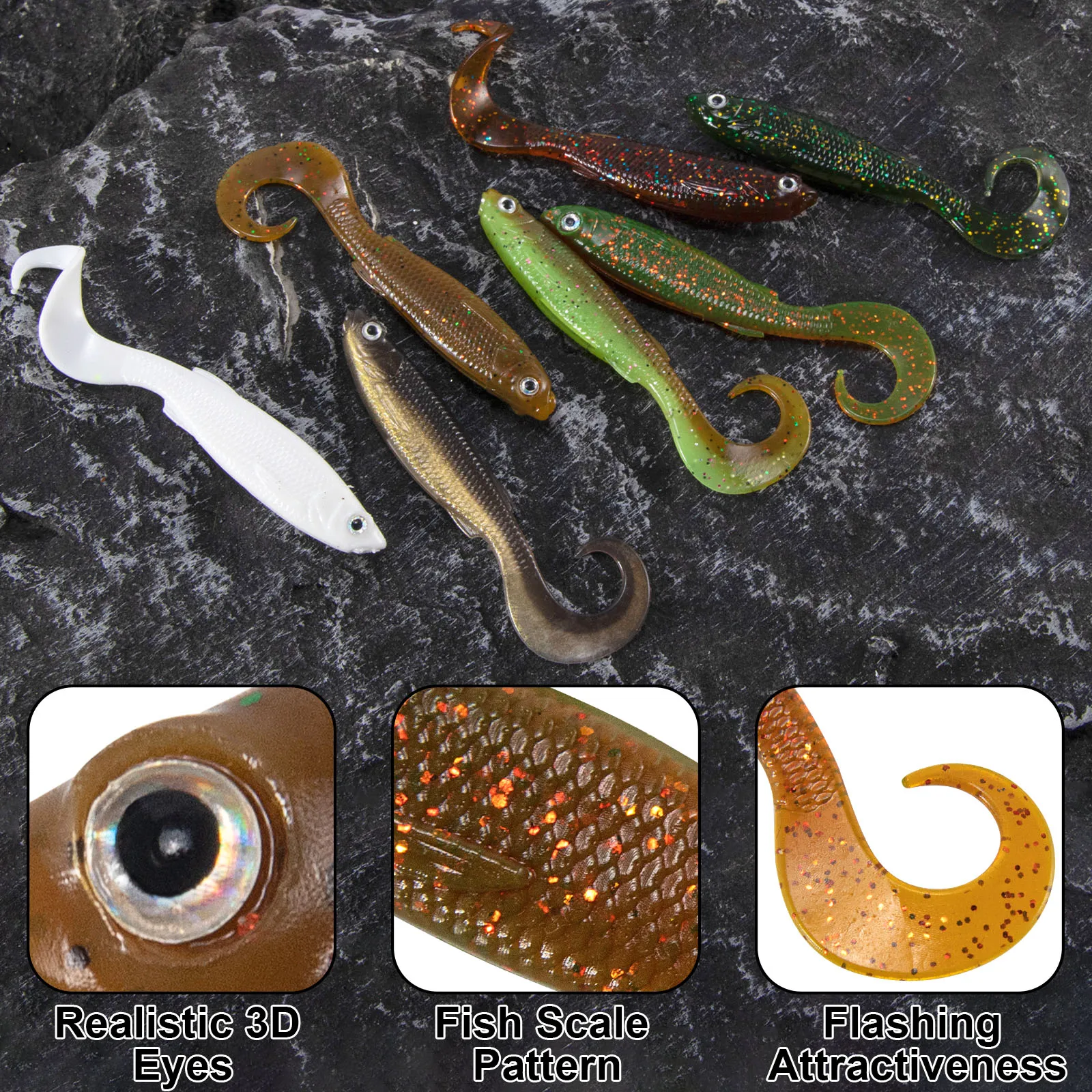 Señuelos de pesca larva, 8 Uds., Swimbaits blandos, gusano, lubina, sábalo, señuelos de pececillo, plástico suave para trucha, Walleye, agua salada, agua dulce - imagen 3