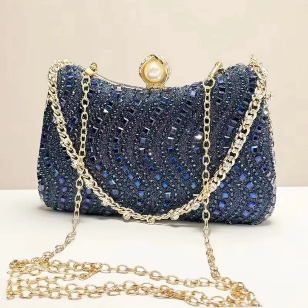 Elegante bolso premium con incrustaciones de diamantes de imitación y diamantes de imitación, bolso de noche con incrustaciones de diamantes de imitación, color dorado, plateado y azul brillante