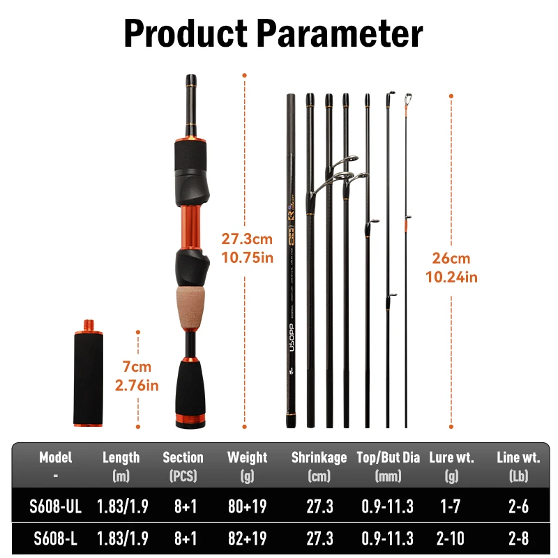 Caña de pescar LEYDUN USOPP 8 + 1 secciones S608UL S608L 27,3 CM caña giratoria de viaje guía FUJI carbono para cañas de pescar de Lucio - imagen 3