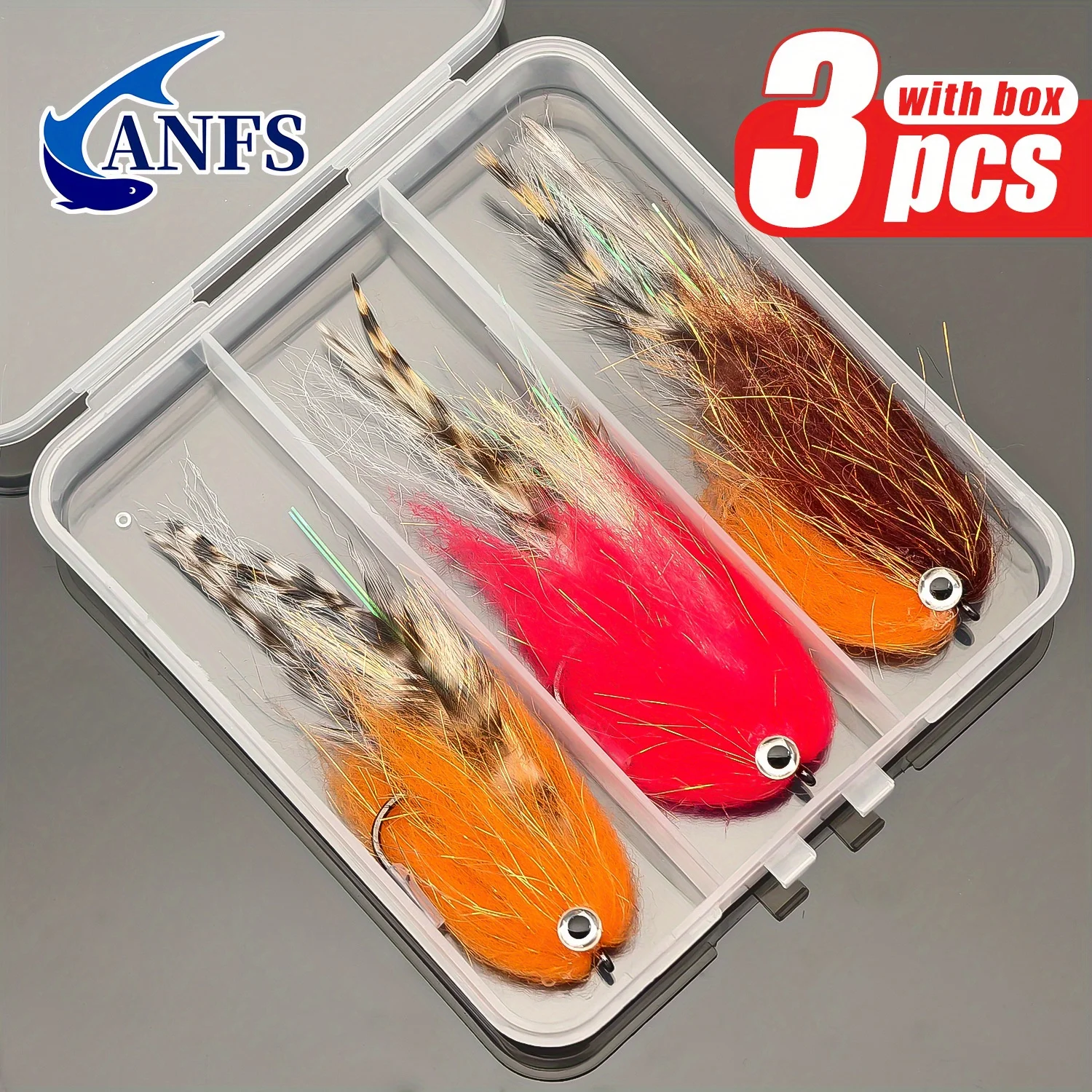 ANFS 3 moscas serpentinas con caja de almacenamiento-cambiador de juego, señuelos de moscas grandes, cebo realista para pescar peces grandes