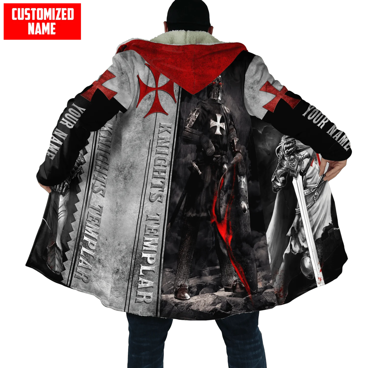 Capa de invierno a la moda para hombre, caballeros templarios, calavera, nombre personalizado, estampado 3D, capa gruesa de lana con capucha, capa cálida informal Unisex DP34 - imagen 3