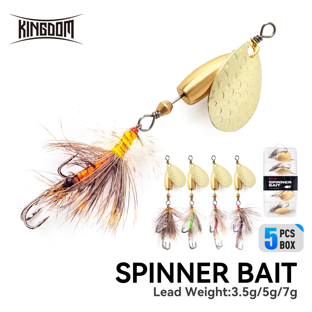 Kingdom Spinner Bait 5 unids/caja cuchara de Metal con anzuelo triple de plumas cebo de lentejuelas de Metal giratorio señuelo de pesca de Lucio Artificial