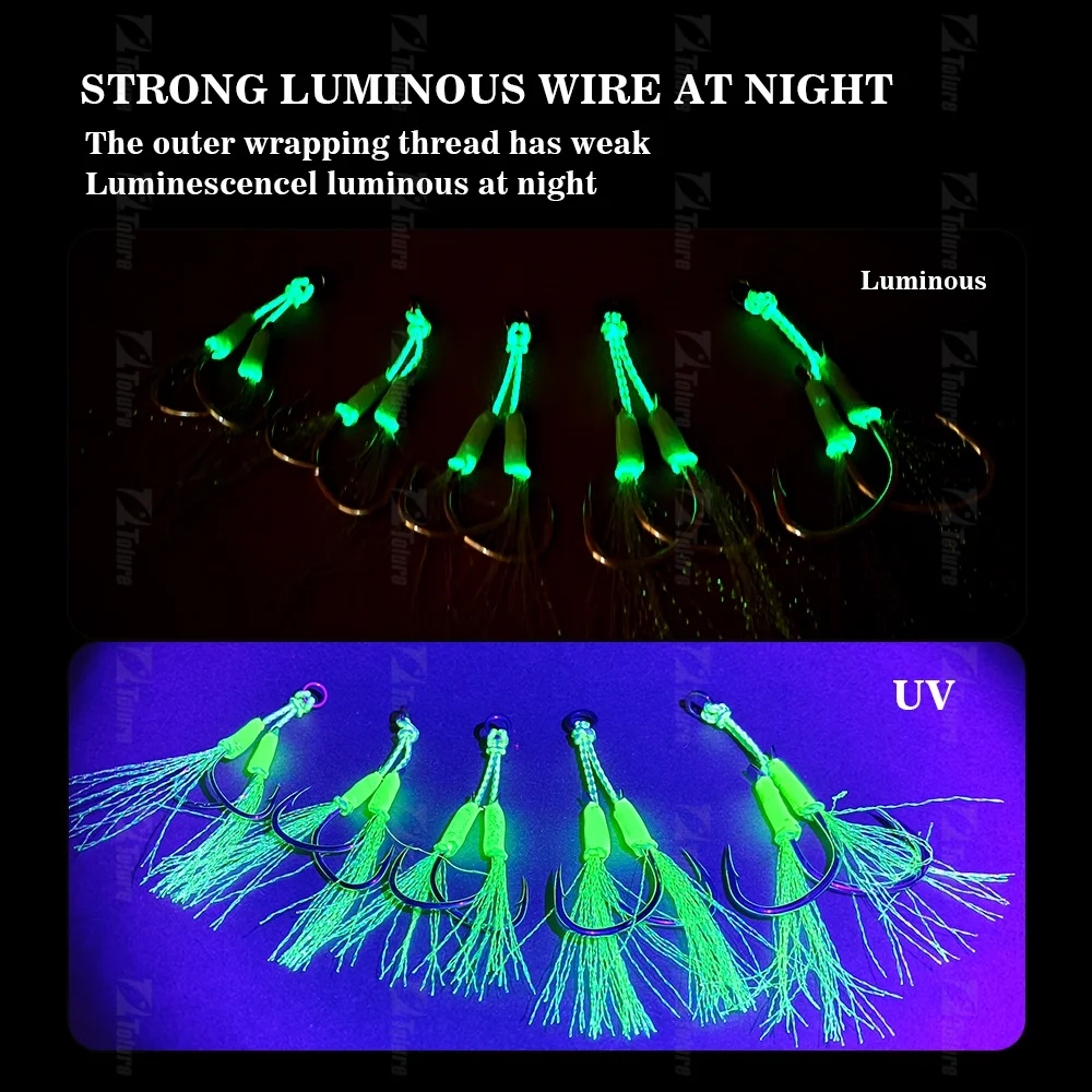 TOLU 10 ganchos de asistencia de cola de plantilla de metal 1-4/0 #   Anzuelos de pesca con línea de PE, anillo sólido de pluma, alambre de acero incorporado para pesca Uv - imagen 5