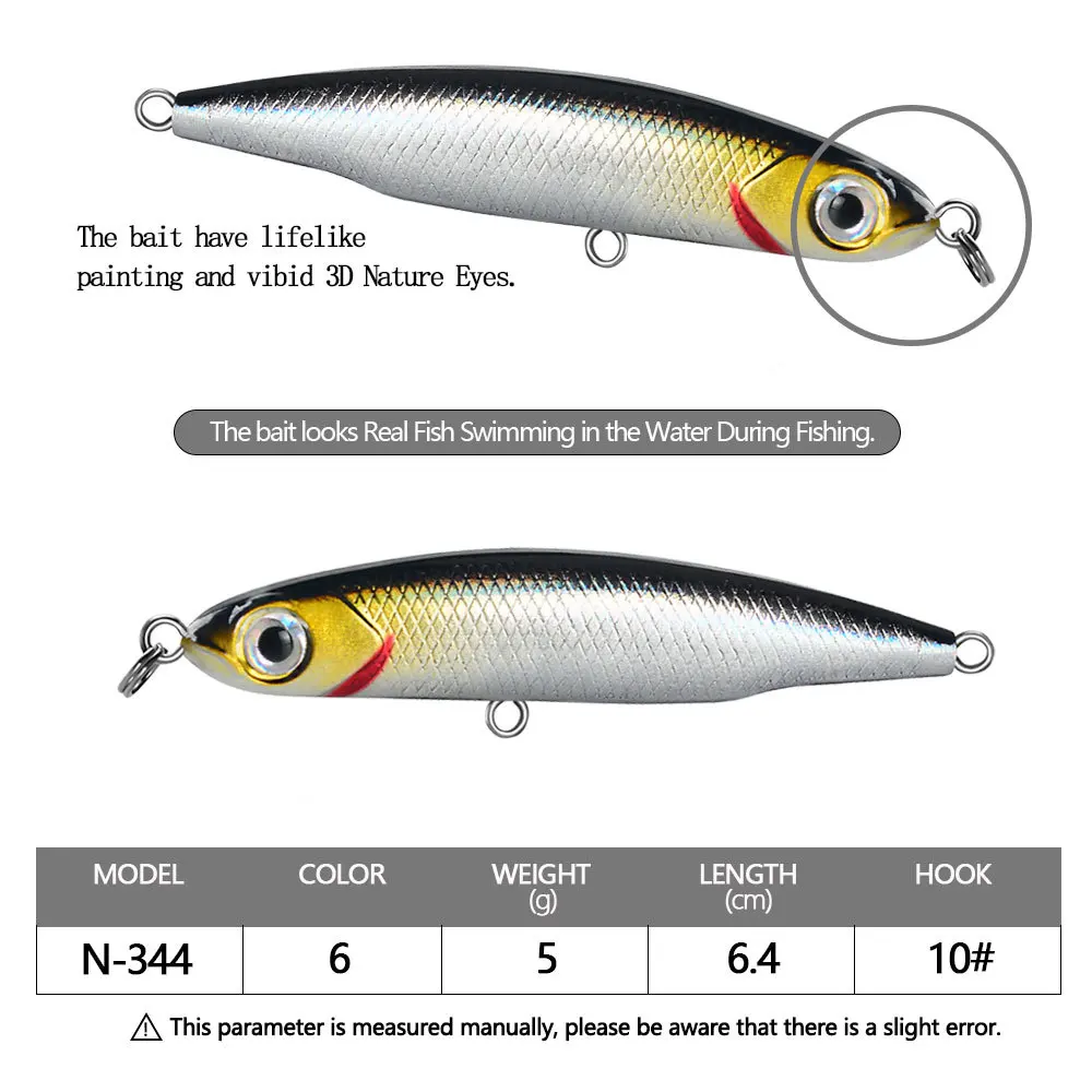 Señuelo de Pesca de lápiz de hundimiento, 1 piezas, Wobblers, 6,4 cm, 5g, Mini cebo duro de Metal Artificial, plantilla 3D, ojos, Pesca, trucha, aparejos de Pesca - imagen 3
