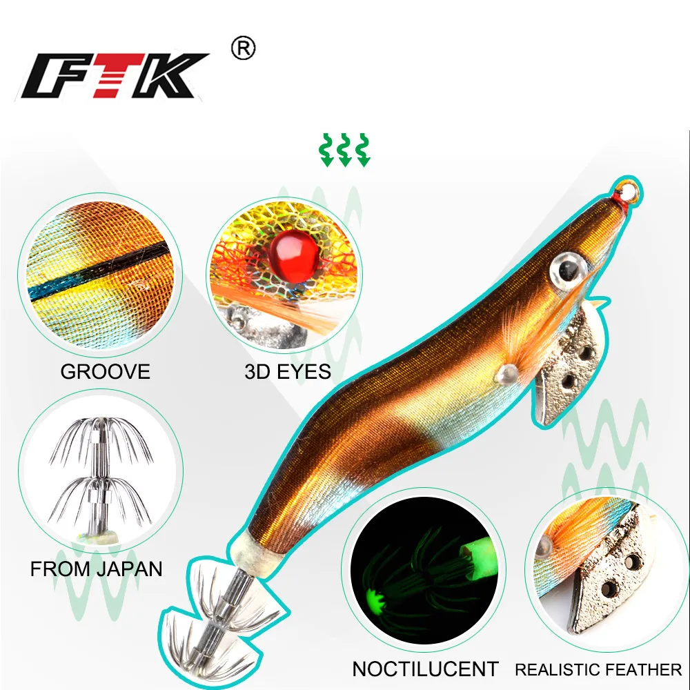 FTK-señuelo de pesca con plantilla de calamar luminosa, ojos 3D, 8g, 12g, 15g, 19g, anzuelo de calamar y camarón, cebos artificiales duros, accesorios de pesca de mar - imagen 4