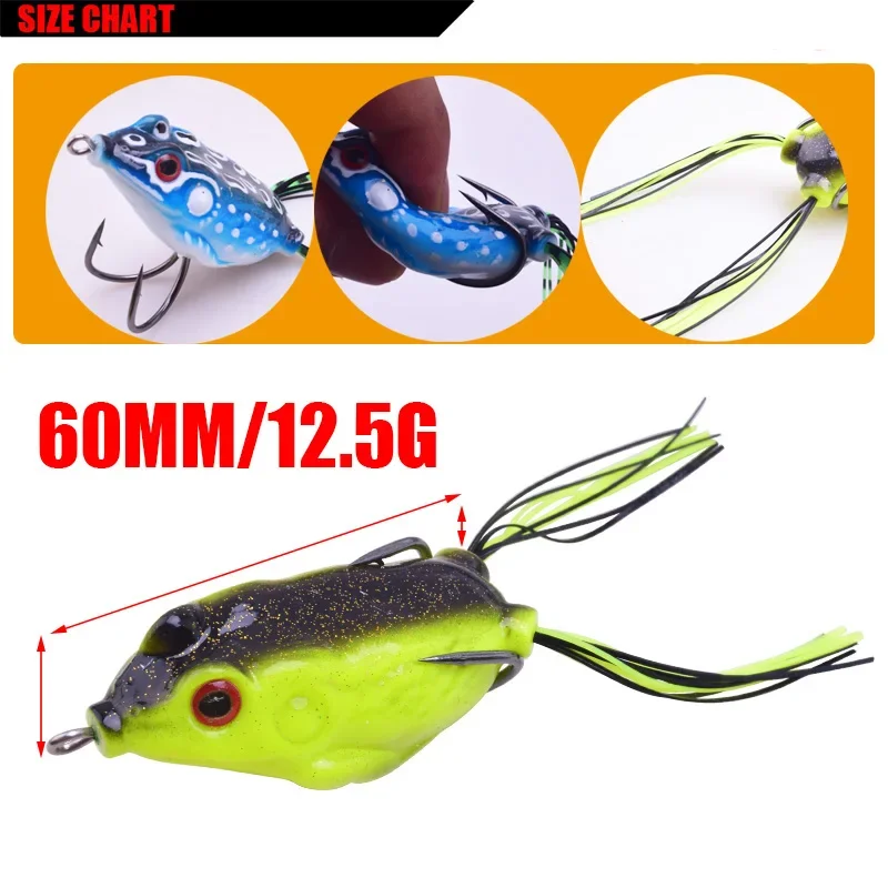 1 unidad de 6cm, 12,5g, forma de rana de rayos de agua superiores, manivela de pececillo Wobbler para pesca con mosca de lubina, cebo de tubo suave, señuelos de plástico japoneses