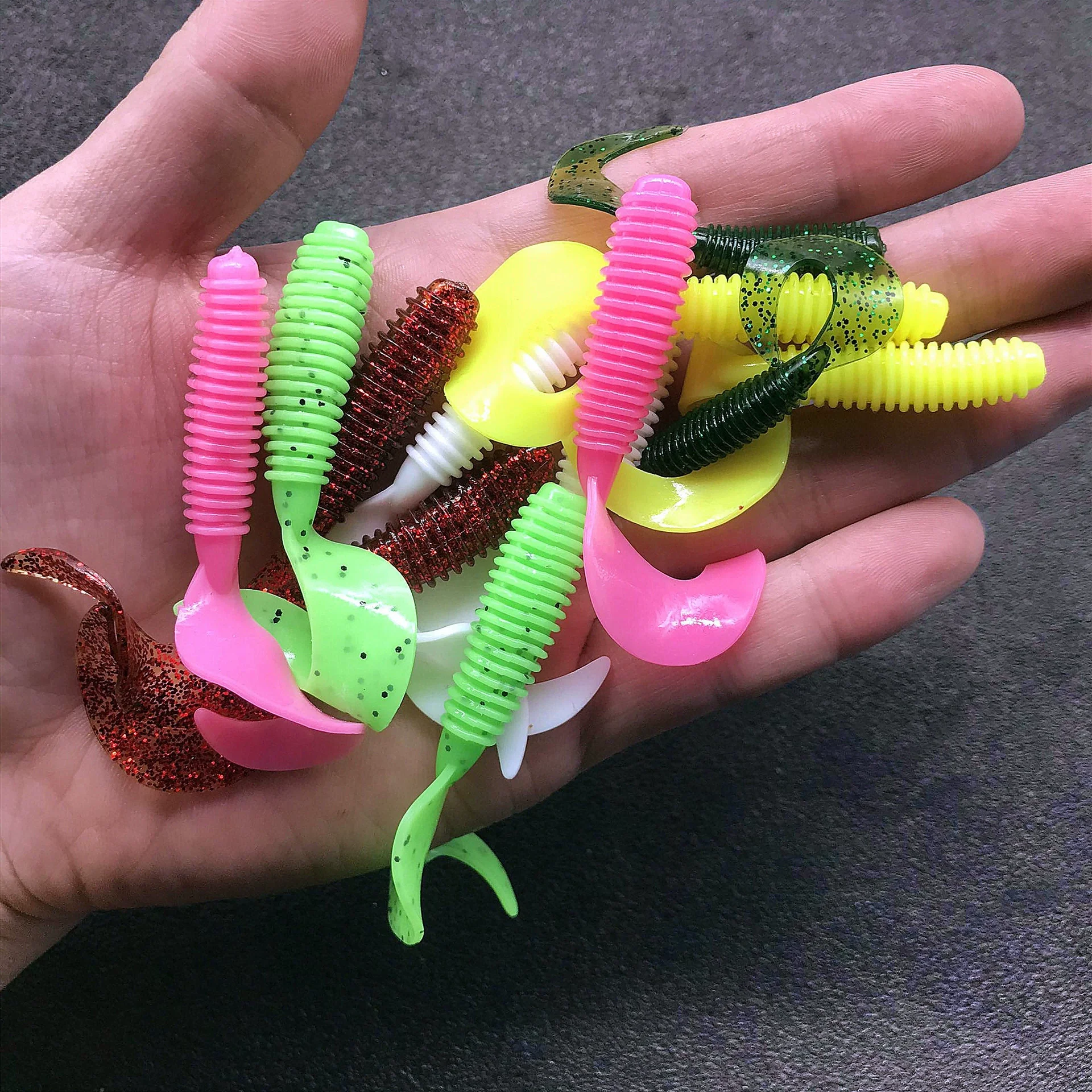 Señuelos blandos de pesca, cebo de cola rizada, anzuelo con cabeza de anzuelo, 10 Uds., 50 Uds., cebo de pesca para lubina, todos los peces, sales e olores inyectados - imagen 4