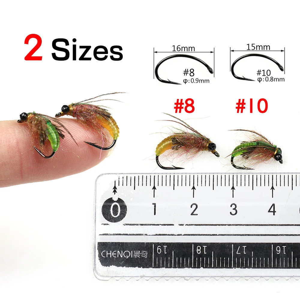 Bimoo-cadena con abalorios para pesca de trucha, señuelo de cebo de insectos artificiales, ninfa, Mosca de pesca Caddis, 8 unidades, #8, #10 - imagen 3