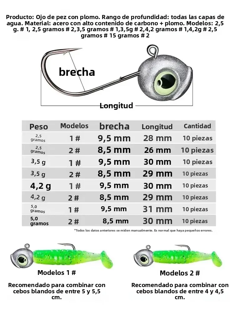 Niños 10 unids/pack 2,5g 3,5g 4,2g 5g cabeza de plomo anzuelos 3D ojos de pesca cebo Artificial luminiscente accesorios de pesca de carpa - imagen 2