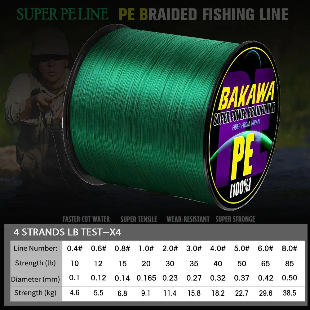 BAKAWA-cables de Pesca trenzados, 300M, 4 hebras, superfuertes, PE, multifilamento, para Pesca de carpa, 10LB - imagen 4