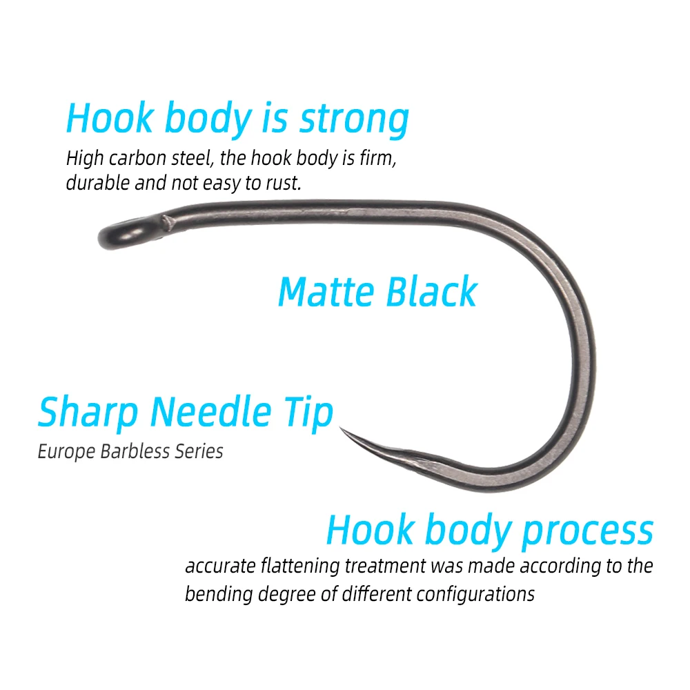 ICERIO 100 Uds. Anzuelo sin púas para pesca de carpa negro mate, ojo doblado, espacio ancho forjado, pelo de carpa fuerte/ganchos de aparejo Chod Zig sin púas - imagen 4