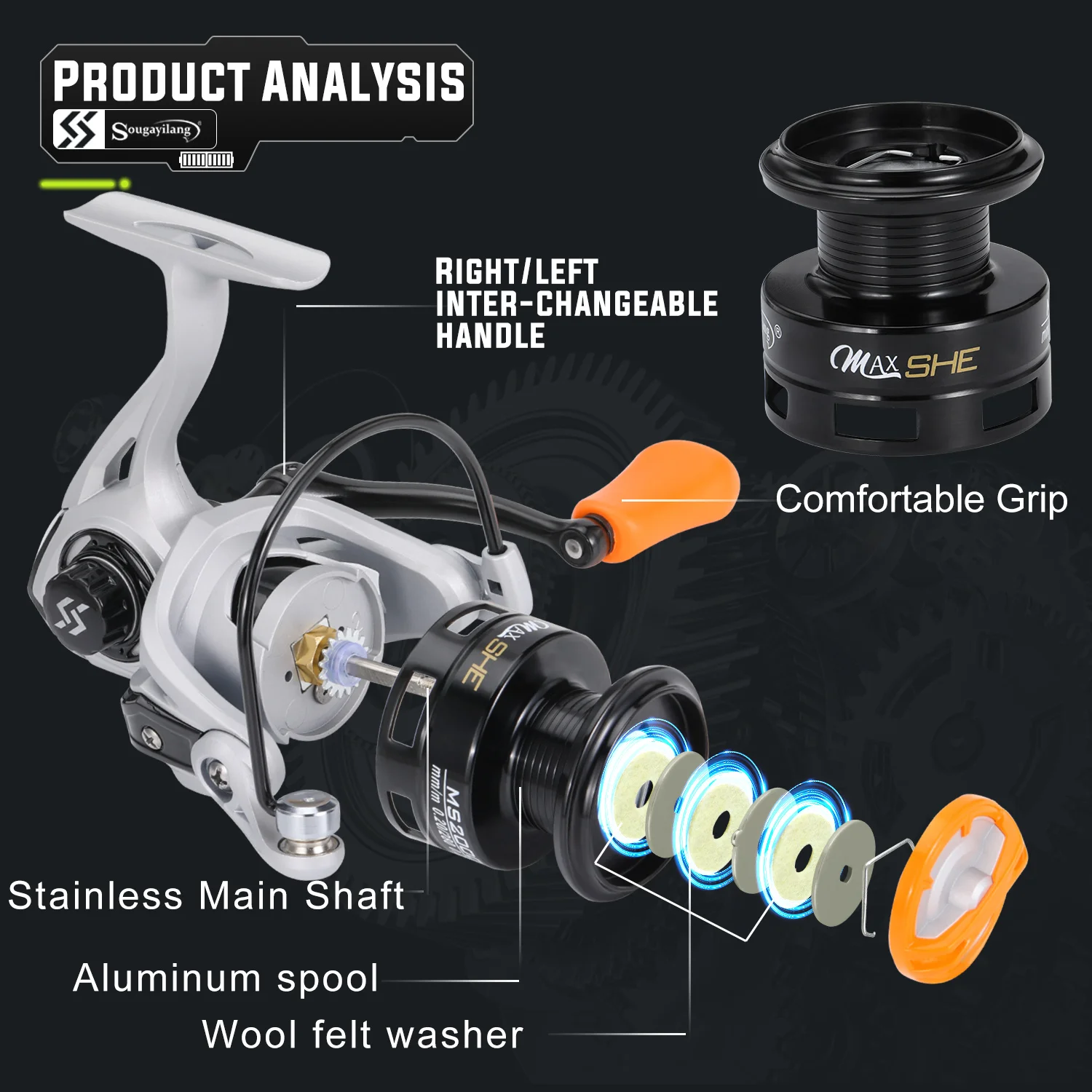 Sougayilang-Carretes de pesca de alta velocidad, accesorio de arrastre máximo de 10Kg, con carrete de aluminio para agua salada y dulce, 5,2: 1 - imagen 3